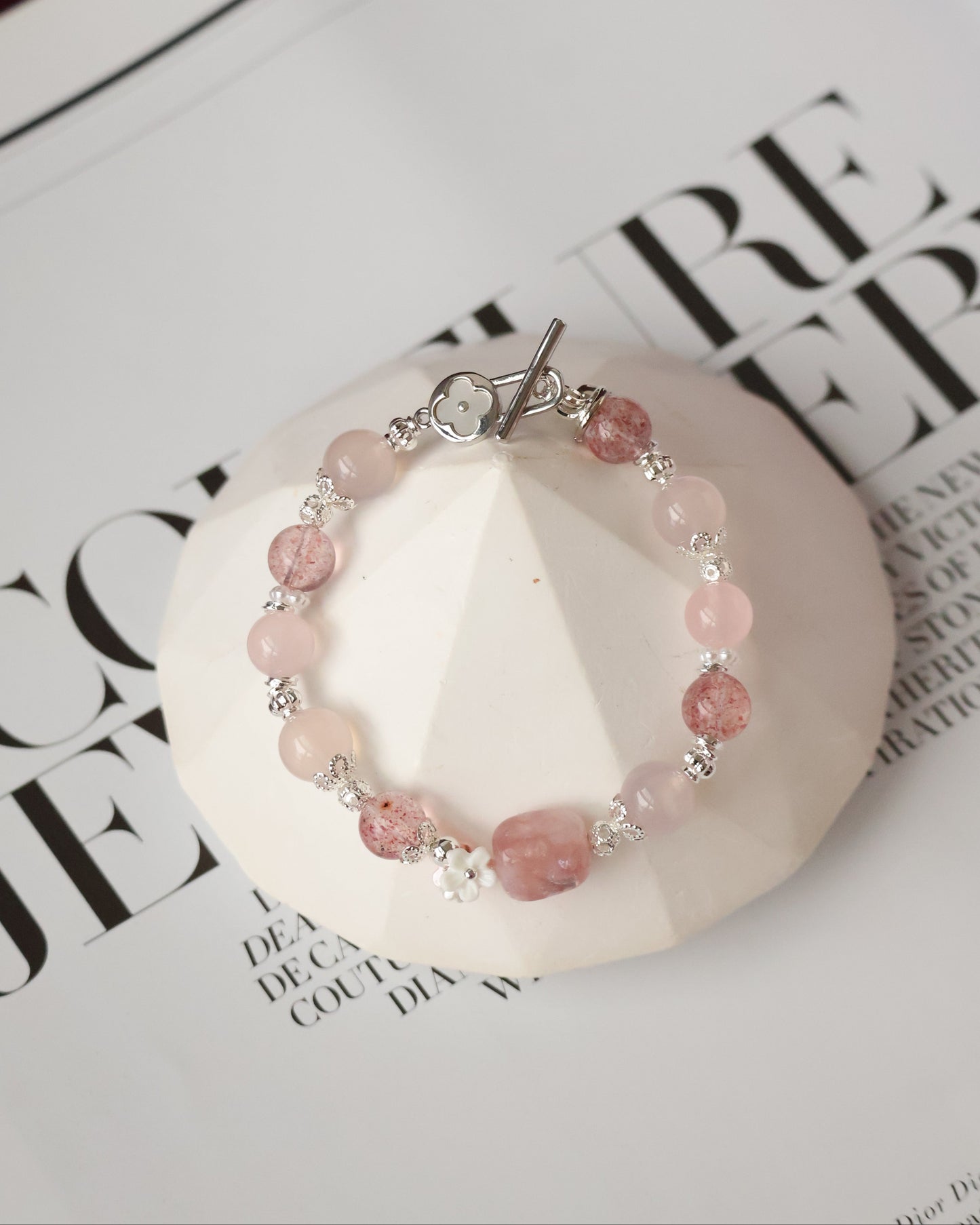Pink Chalcedony, Pink Purple Emerald Mica, Rose Quartz & Strawberry Quartz Crystal Bracelet — Flutter Shy | 8mm (OT Clasp, Elastic)