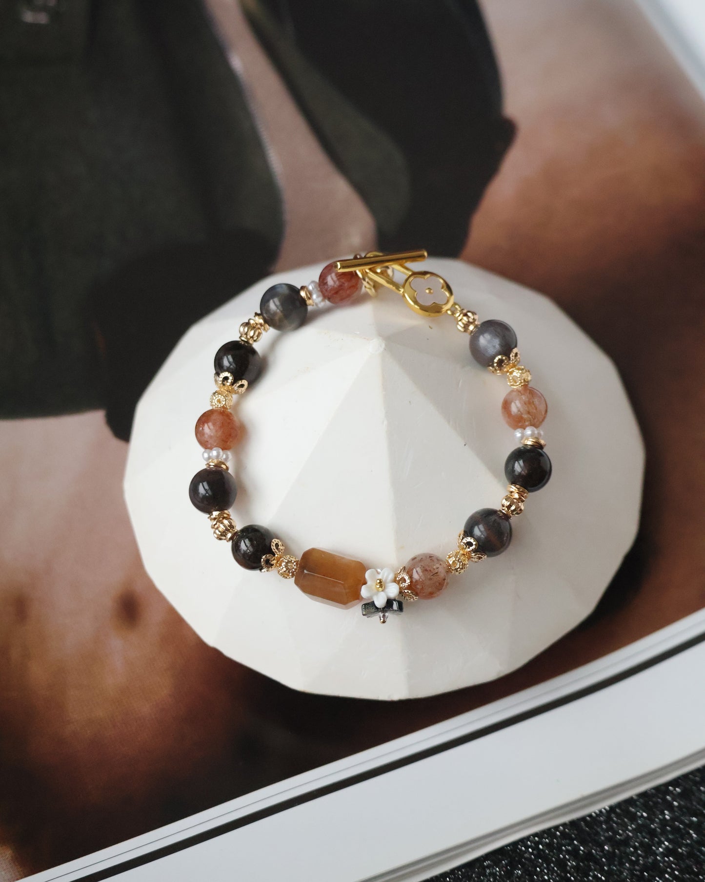 *Instocks* Cocoa - 8mm Garden Quartz, Black Gold Skeletal Sunstone and Black Gold Super 7 w Bouquet & OT Clasp