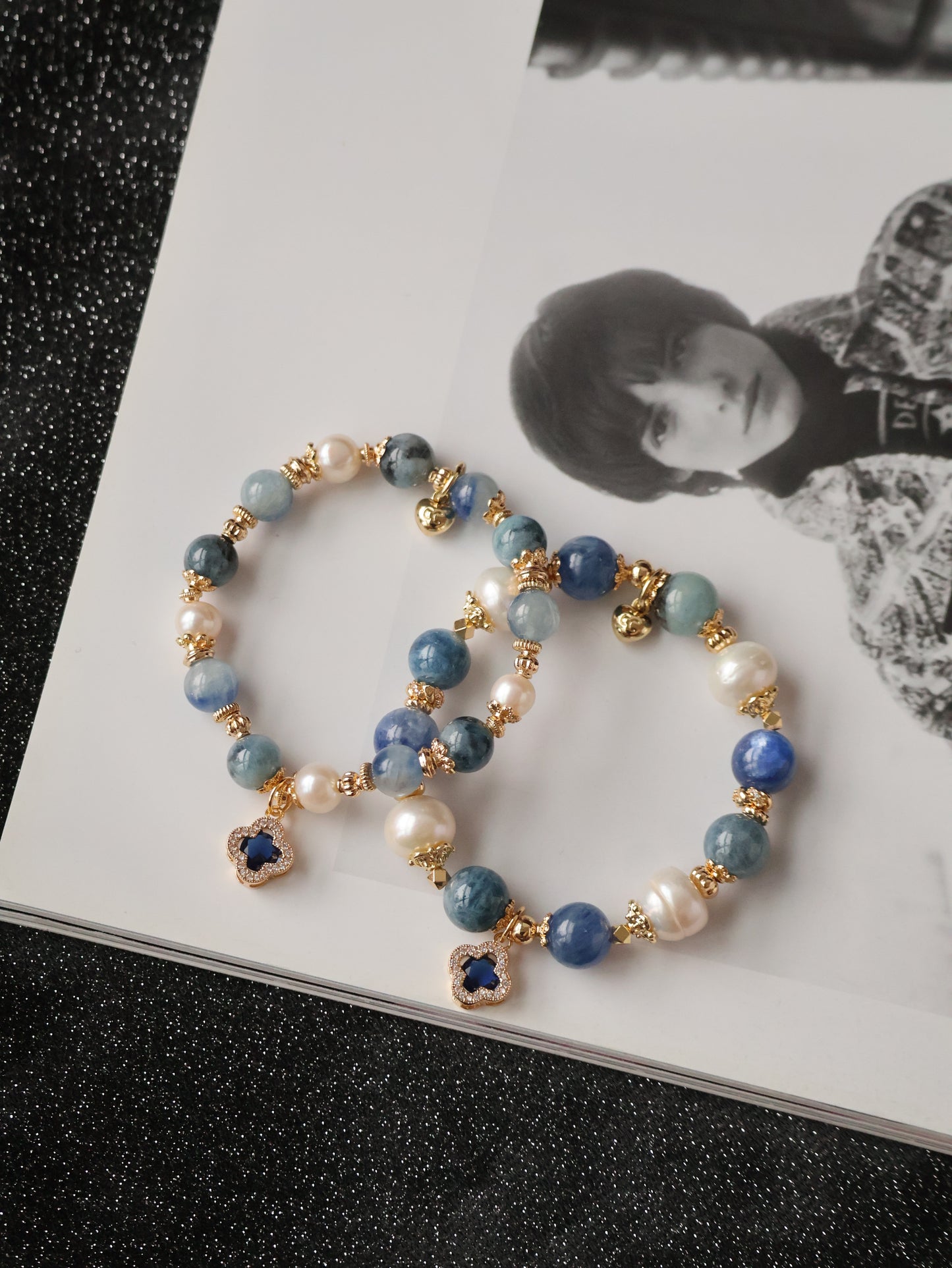 *Instocks* 8+10mm Cordelia Twin with Sparkly Clover: Blue Kyanite, Fresh Water Pearls & Devil Eye Aquamarine