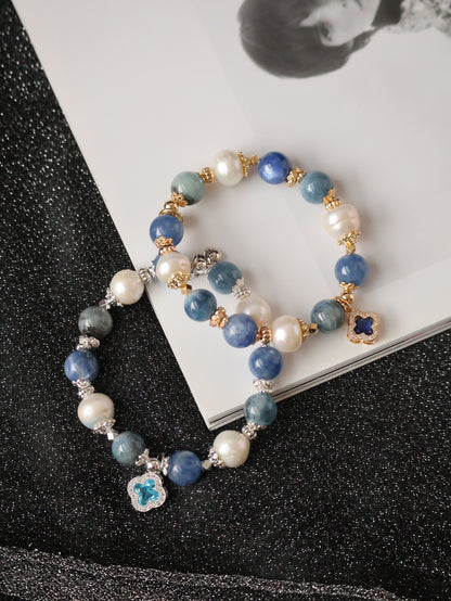*Instocks* 8+10mm Cordelia Twin with Sparkly Clover: Blue Kyanite, Fresh Water Pearls & Devil Eye Aquamarine