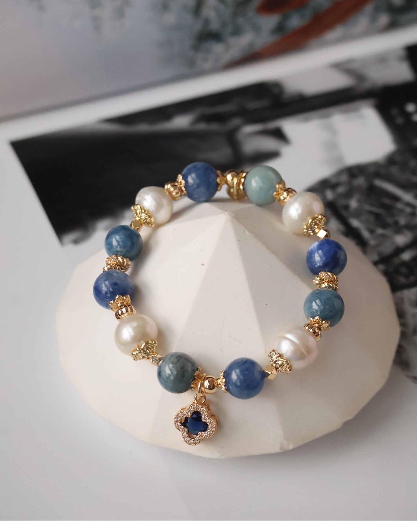 *Instocks* 8+10mm Cordelia Twin with Sparkly Clover: Blue Kyanite, Fresh Water Pearls & Devil Eye Aquamarine