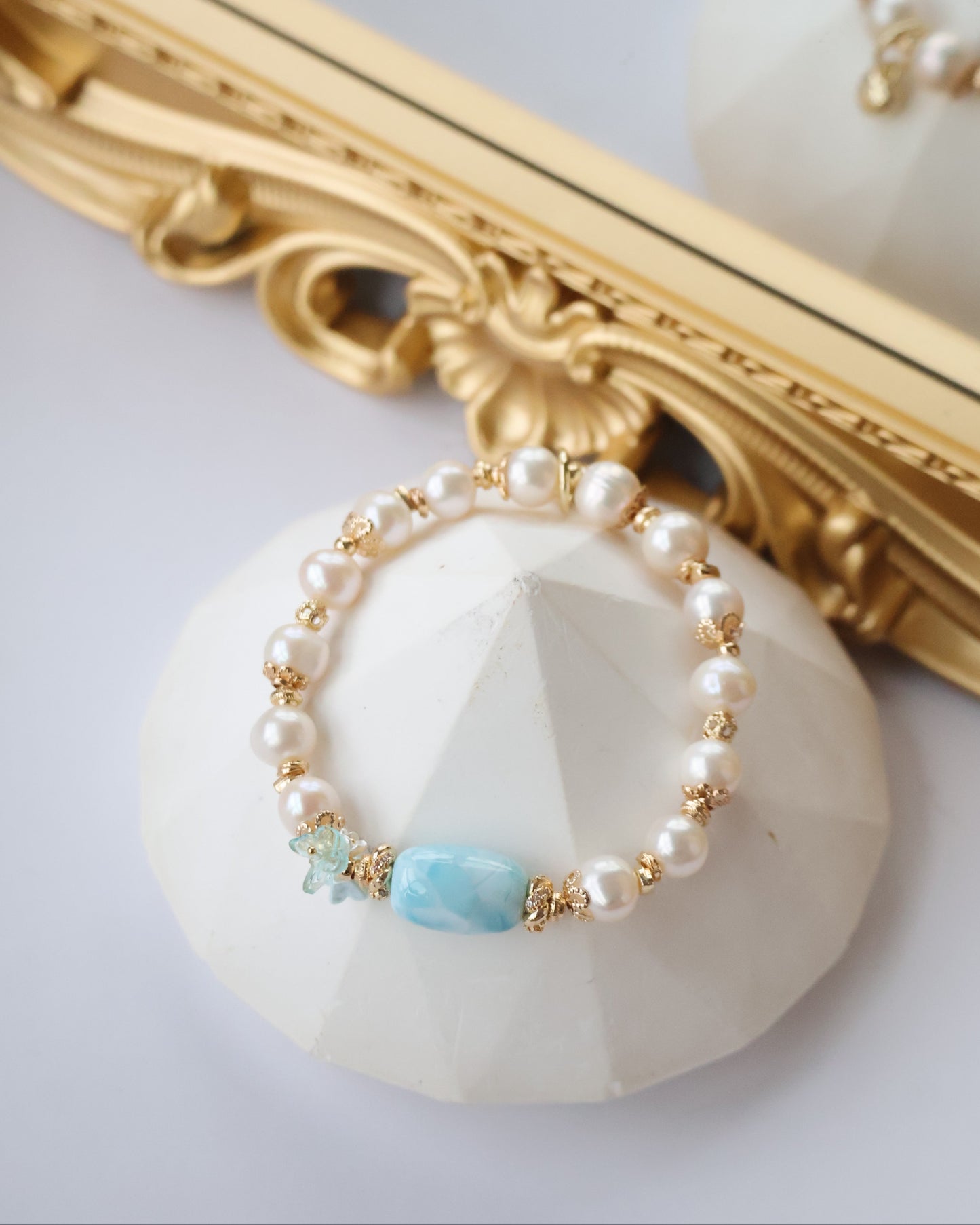 *Instocks* 8-9mm Fresh Water Pearl & Larimar Barrel with Bouquet