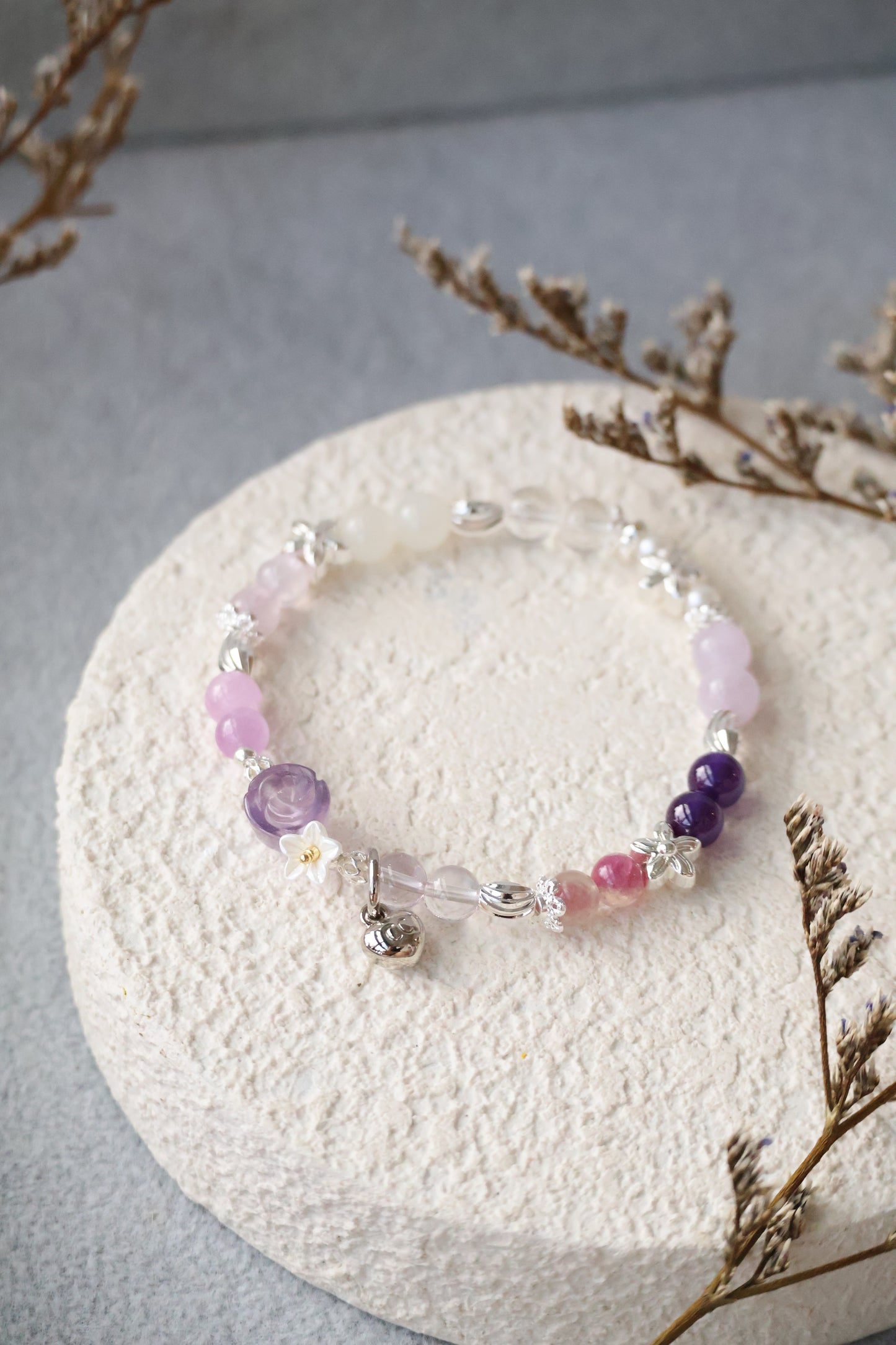 Amethyst, Kunzite, Strawberry Quartz, Rose Quartz, Aquamarine, Larimar, Gold Rutile & Honey Citrine — Mini Rosie Collection | 6mm (Elastic)