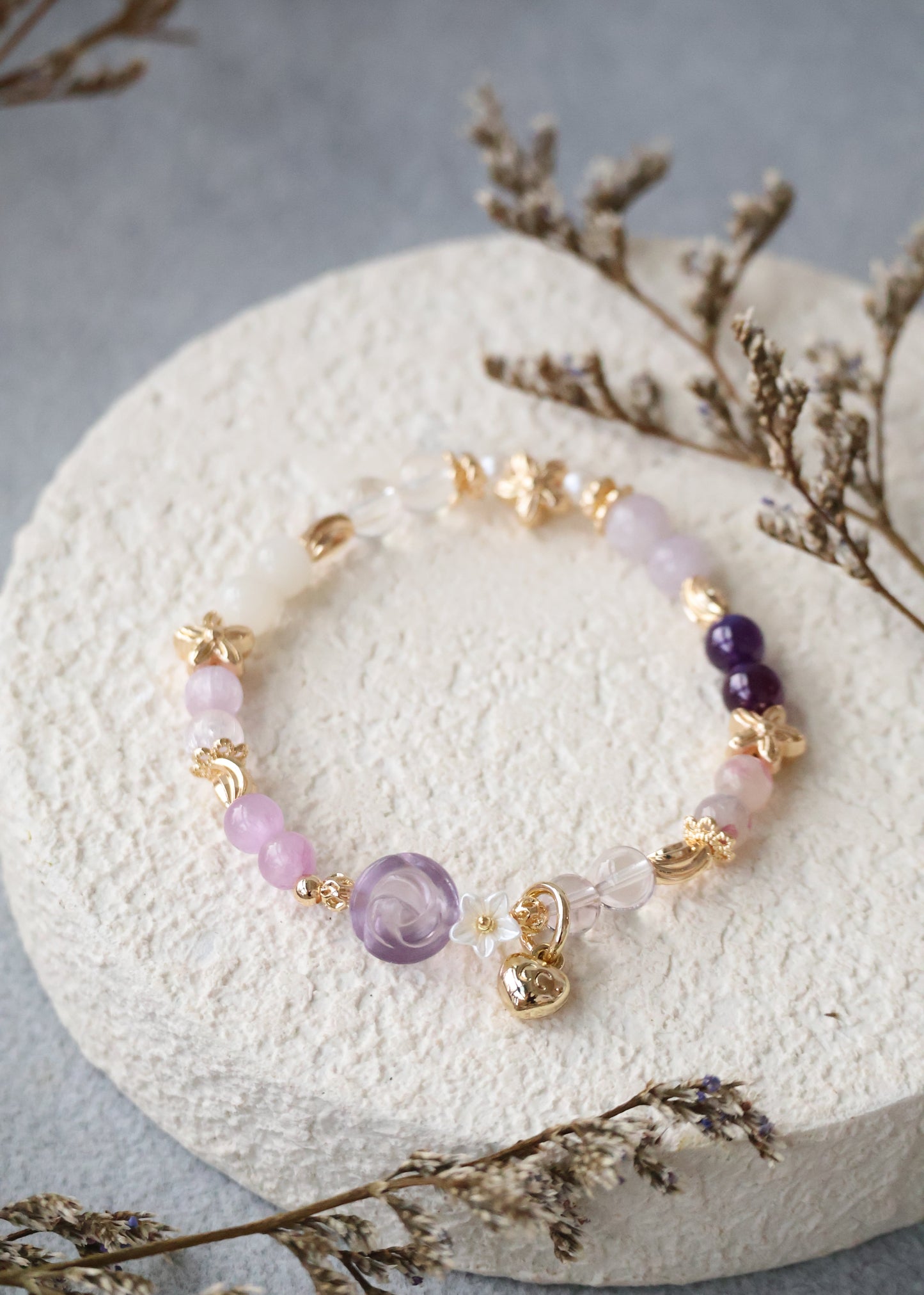 Amethyst, Kunzite, Strawberry Quartz, Rose Quartz, Aquamarine, Larimar, Gold Rutile & Honey Citrine — Mini Rosie Collection | 6mm (Elastic)