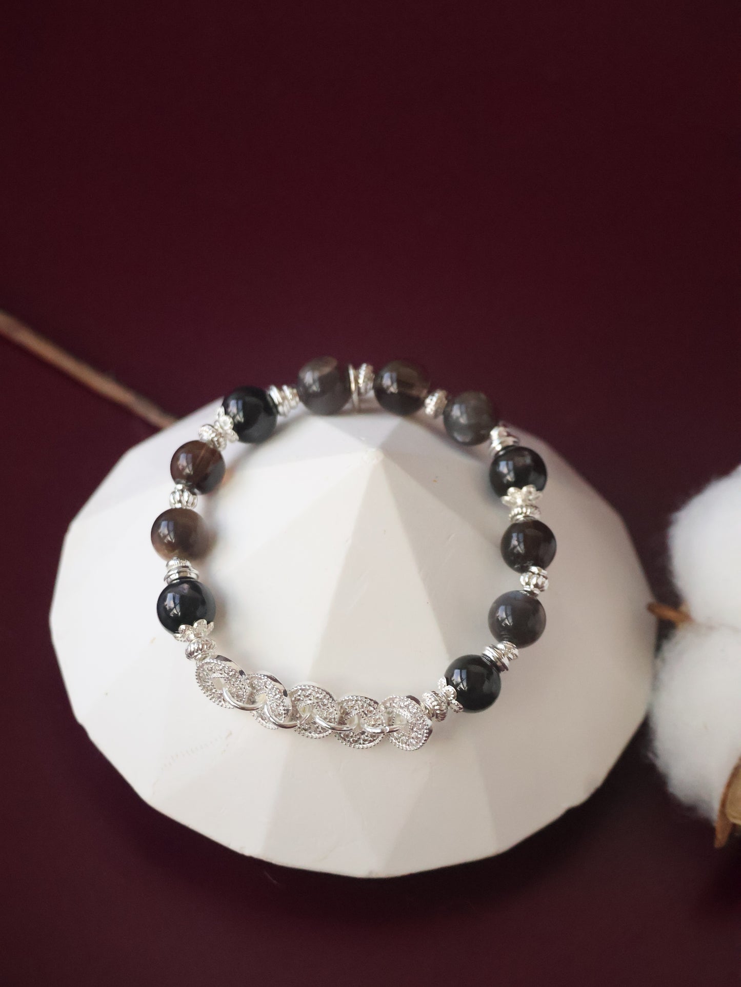 Hypersthene, Smoky Quartz & Black Skeletal Sunstone Crystal Bracelet — Fengshui Coins Vincere | 8mm (Elastic)