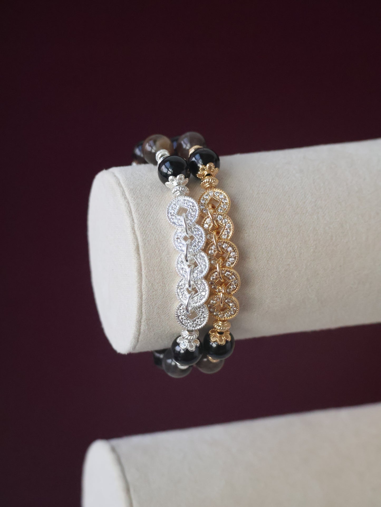 Hypersthene, Smoky Quartz & Black Skeletal Sunstone Crystal Bracelet — Fengshui Coins Vincere | 8mm (Elastic)