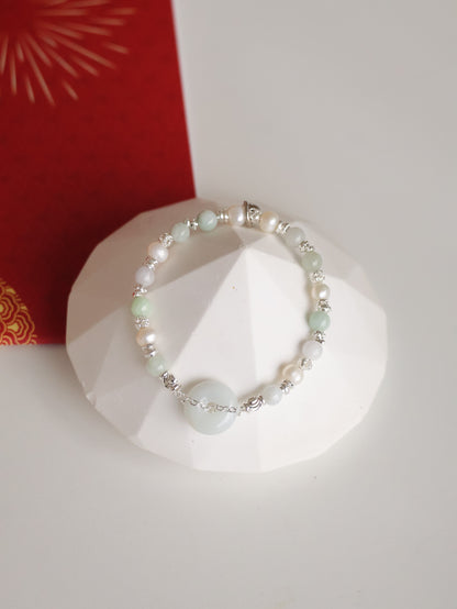 Green Jadeite & Freshwater Pearls — Ping An Kou Stacker | 6mm (Elastic)