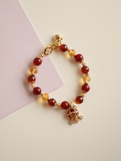 *Instocks* Moni Pouch - 8mm Carnelian, Garnet, Citirine with 聚宝盆 Dangly Charm (Elastic)