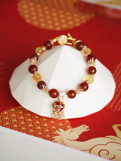 *Instocks* Moni Pouch - 8mm Carnelian, Garnet, Citirine with 聚宝盆 Dangly Charm (Elastic)