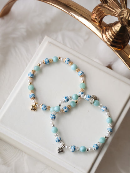 Larimar with Heart Dangly — Chinese Porcelain Inspired | 6mm (Elastic)