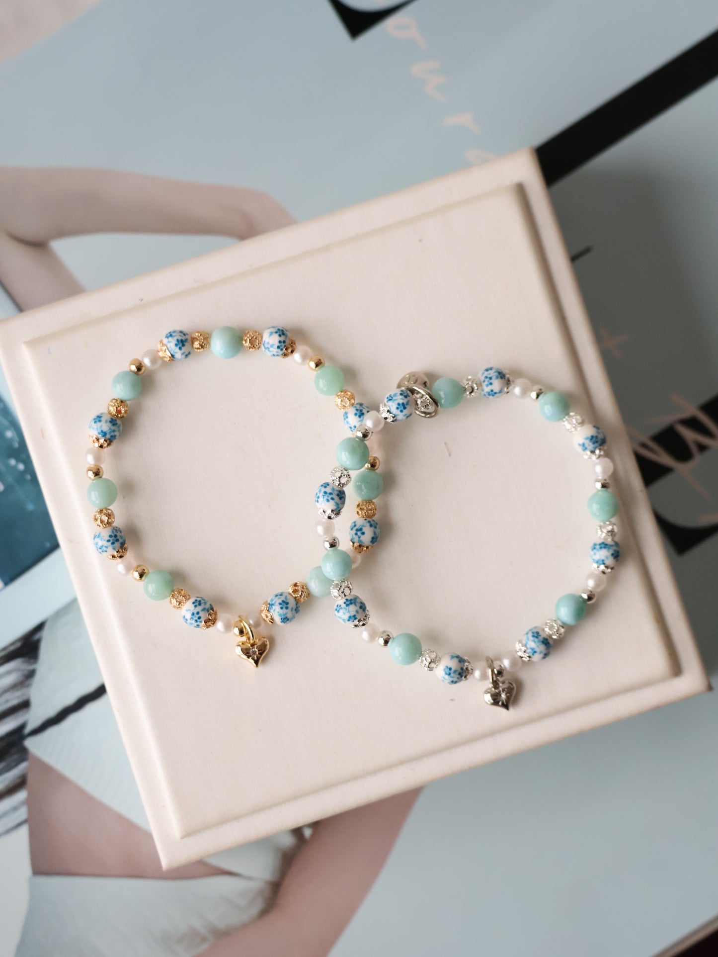 Larimar with Heart Dangly — Chinese Porcelain Inspired | 6mm (Elastic)