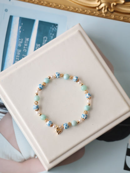 Larimar with Heart Dangly — Chinese Porcelain Inspired | 6mm (Elastic)