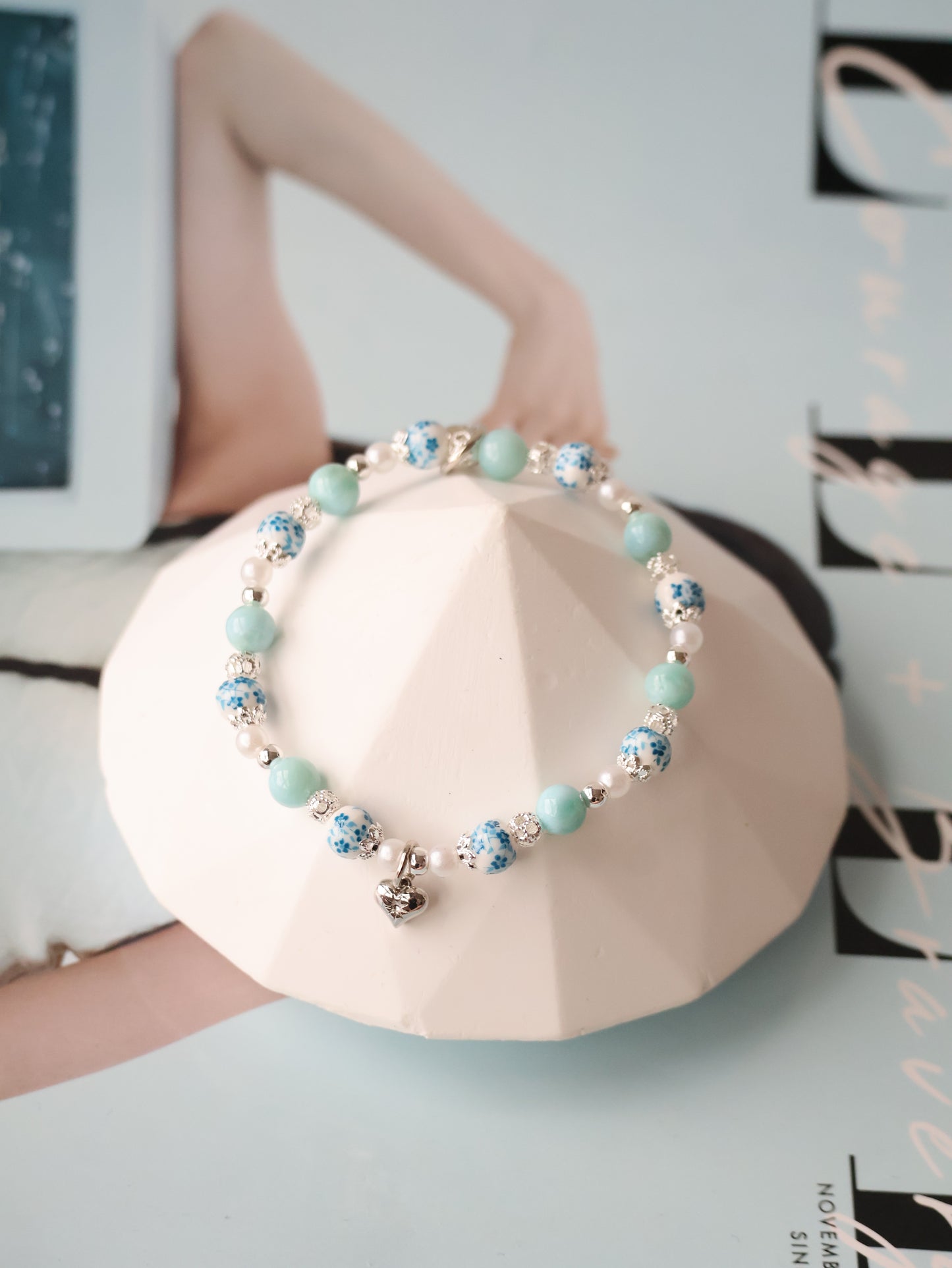 Larimar with Heart Dangly — Chinese Porcelain Inspired | 6mm (Elastic)