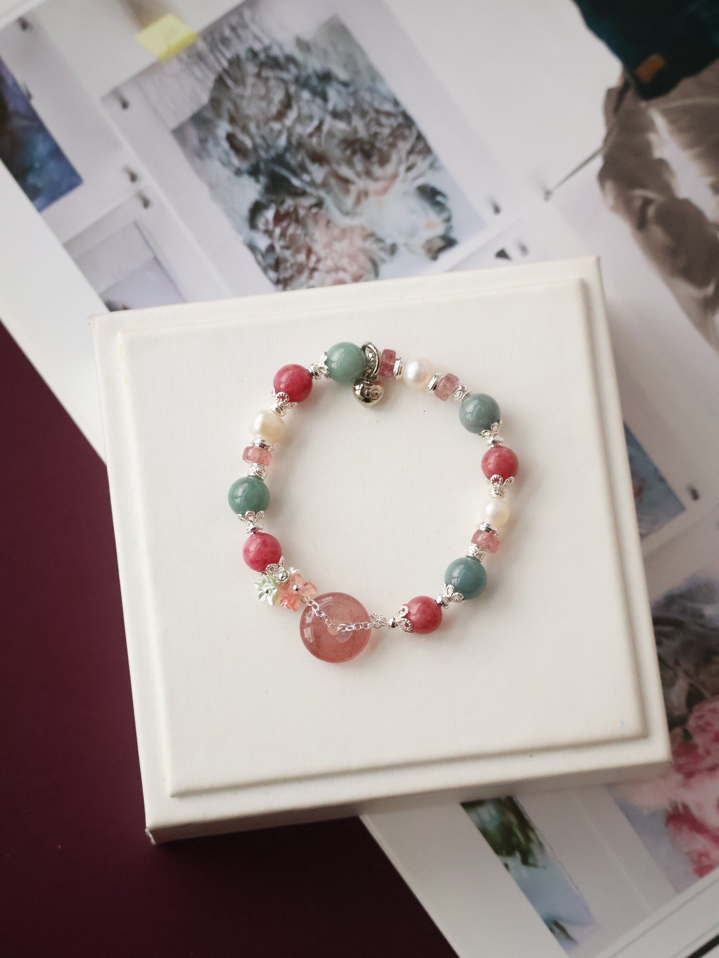 Blue Water Jadeite, Rhodonite, Fresh Water Pearl, Strawberry Quartz Ping An Kou — Mia | 6mm (Elastic)