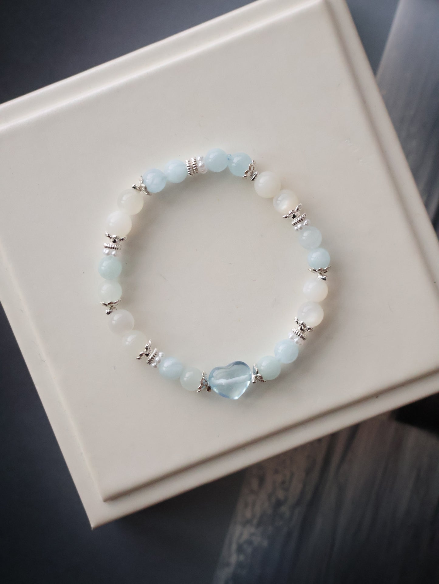 Aquamarine & White Flash Moonstone with Heart Carving — Dain | 6mm (Elastic)