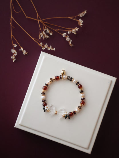 *Instocks*  - Erza - 6mm Smoky Quartz, Fresh Water Pearls & Garnet with Clear Quartz Wings Carving (Elastic)