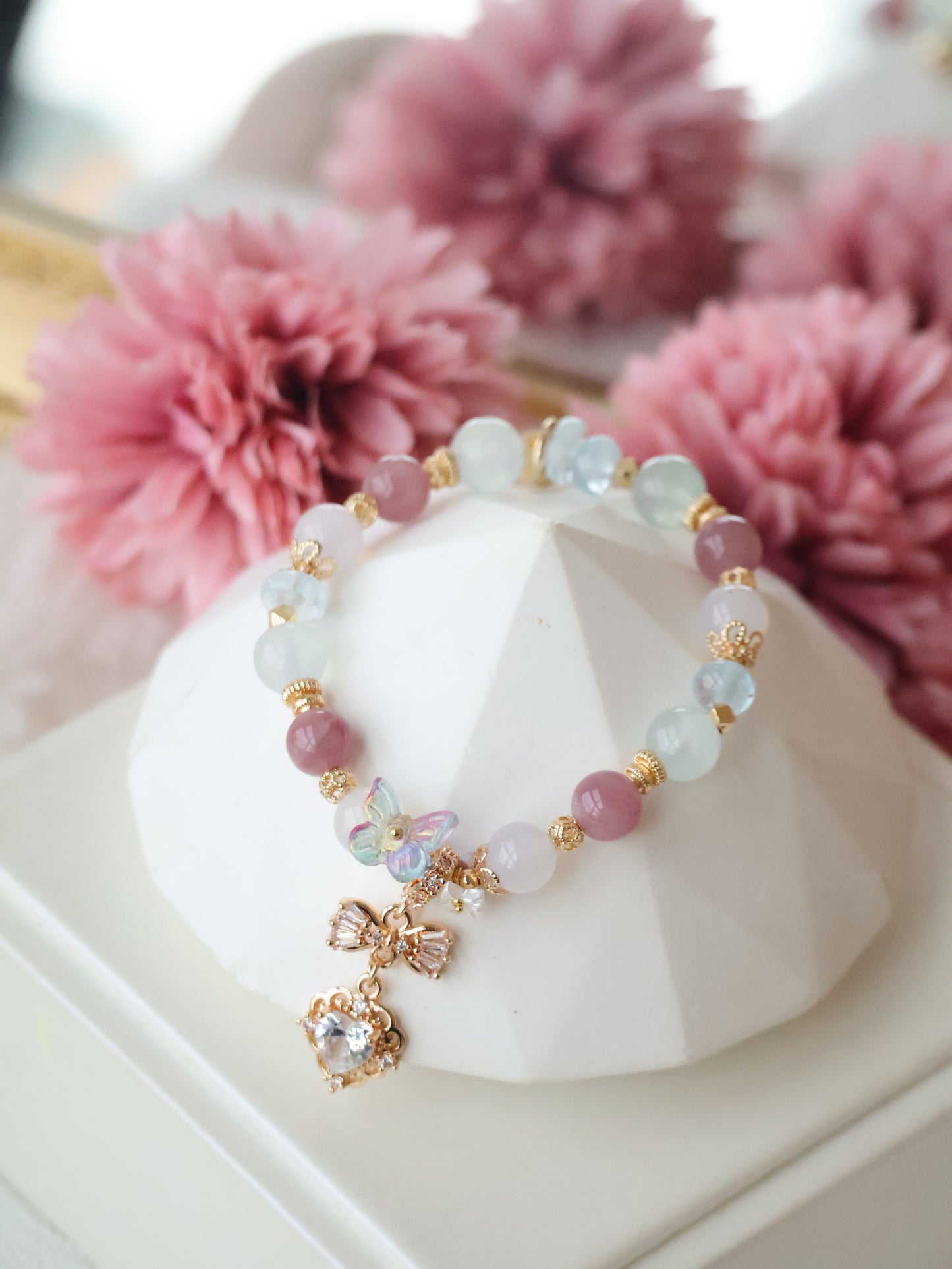*Instocks*  -  Blossara - 8mm Blue Topaz, Aquamarine, Lilac Chalcedony & Lavender Rose Quartz with Dangly Sparkly Heart and Butterfly Rainbow Charm (Elastic)