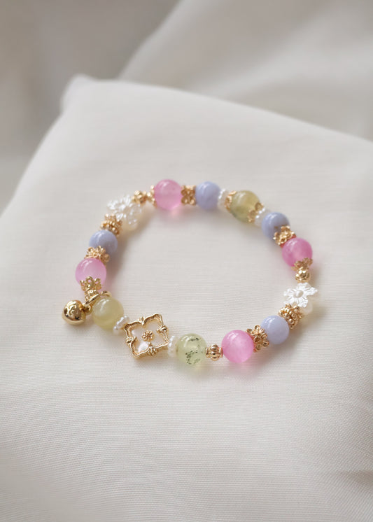 *Instocks* Prehnite, Pink Satin Spar & Blue Lace Agate with MOP Clover Natural Crystal Bracelet (Elastic)