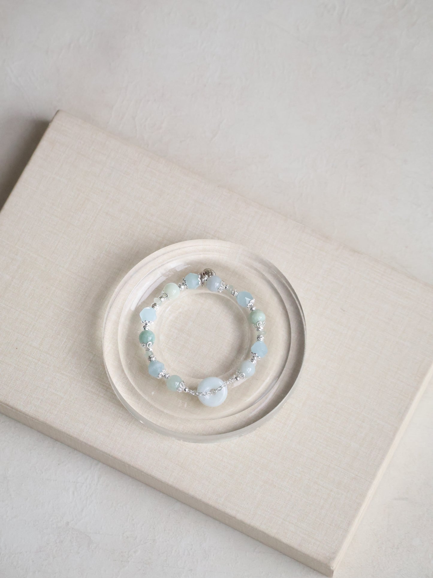 Aquamarine Faceted, Green Jadeite & Green Aventurine —  Green Jadevie Ping An Kou | 8mm (Elastic)