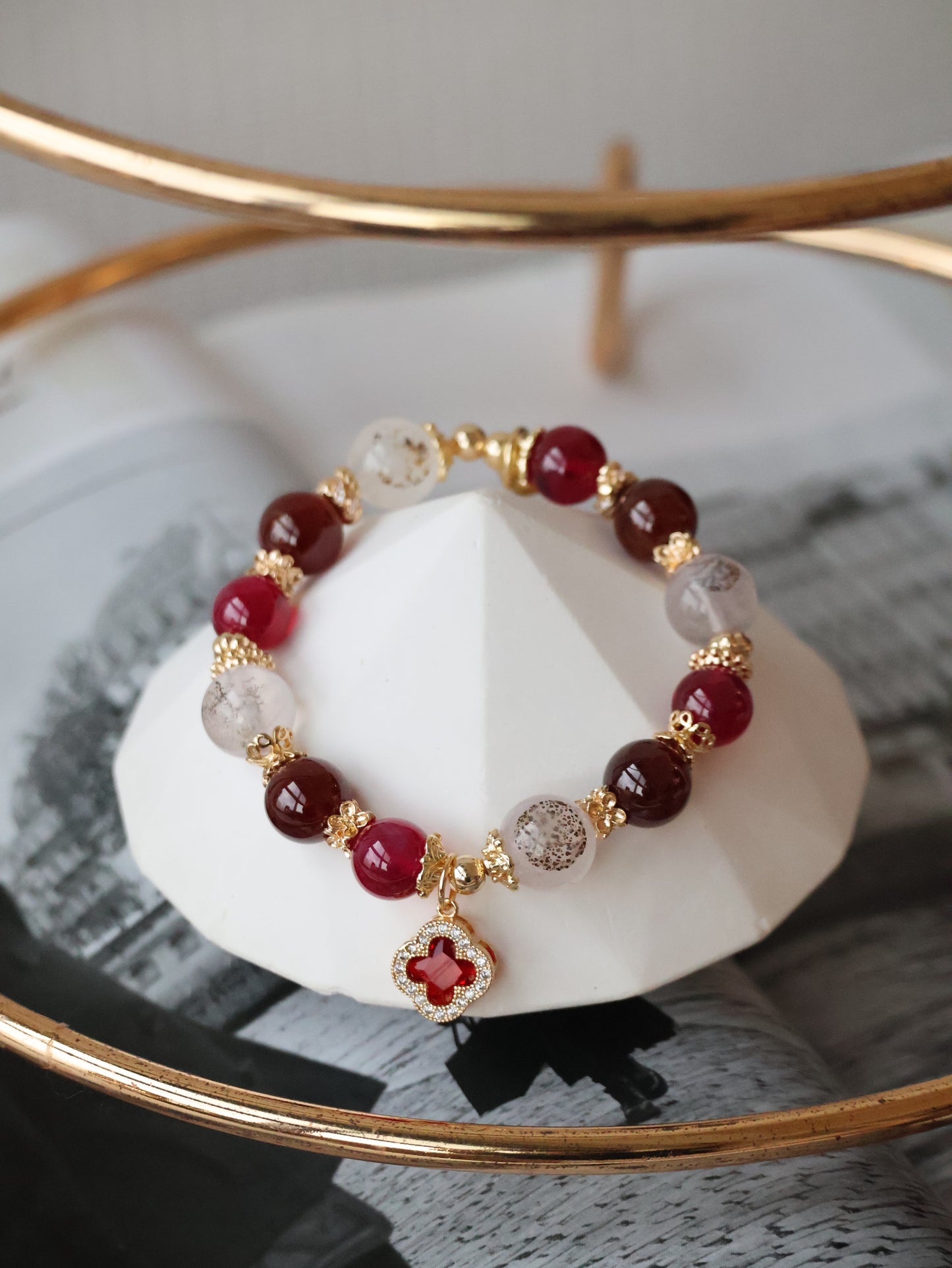 Dendrite Rose Quartz, Garnet & Red Star Ruby with Sparkly Clover — Cordelia Twin | 10mm (Elastic)