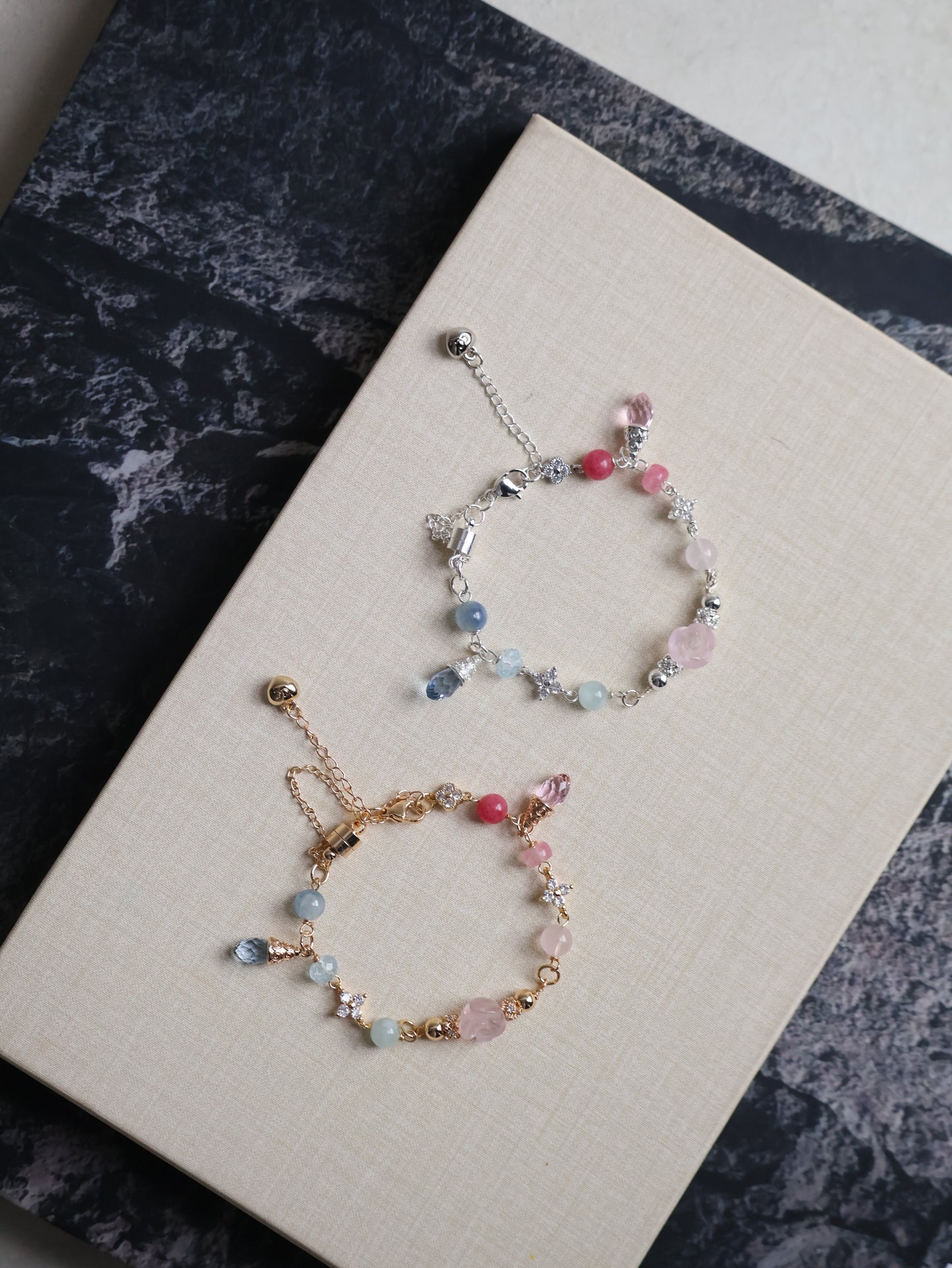 Rose Quartz, Blue Kyanite, Blue Topaz, Aquamarine & Rhodonite — Rosen Bleu Chain Bracelet | 8mm (Magnetic Opening, Chain)