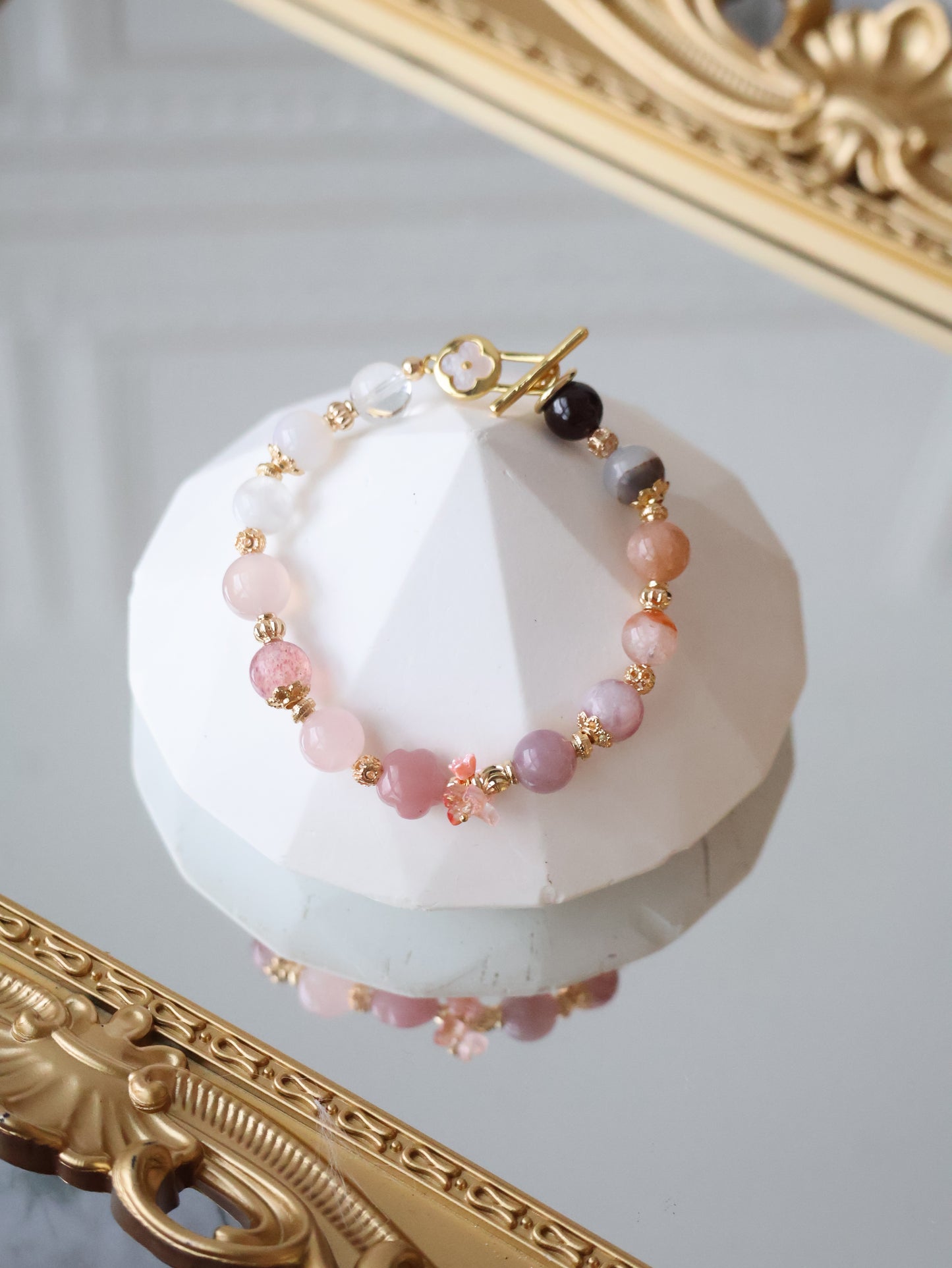 Guava Quartz Flower Carving Multigem Duobaao Crystal Bracelet — Choco Berry | 8mm (OT Clasp, Elastic)