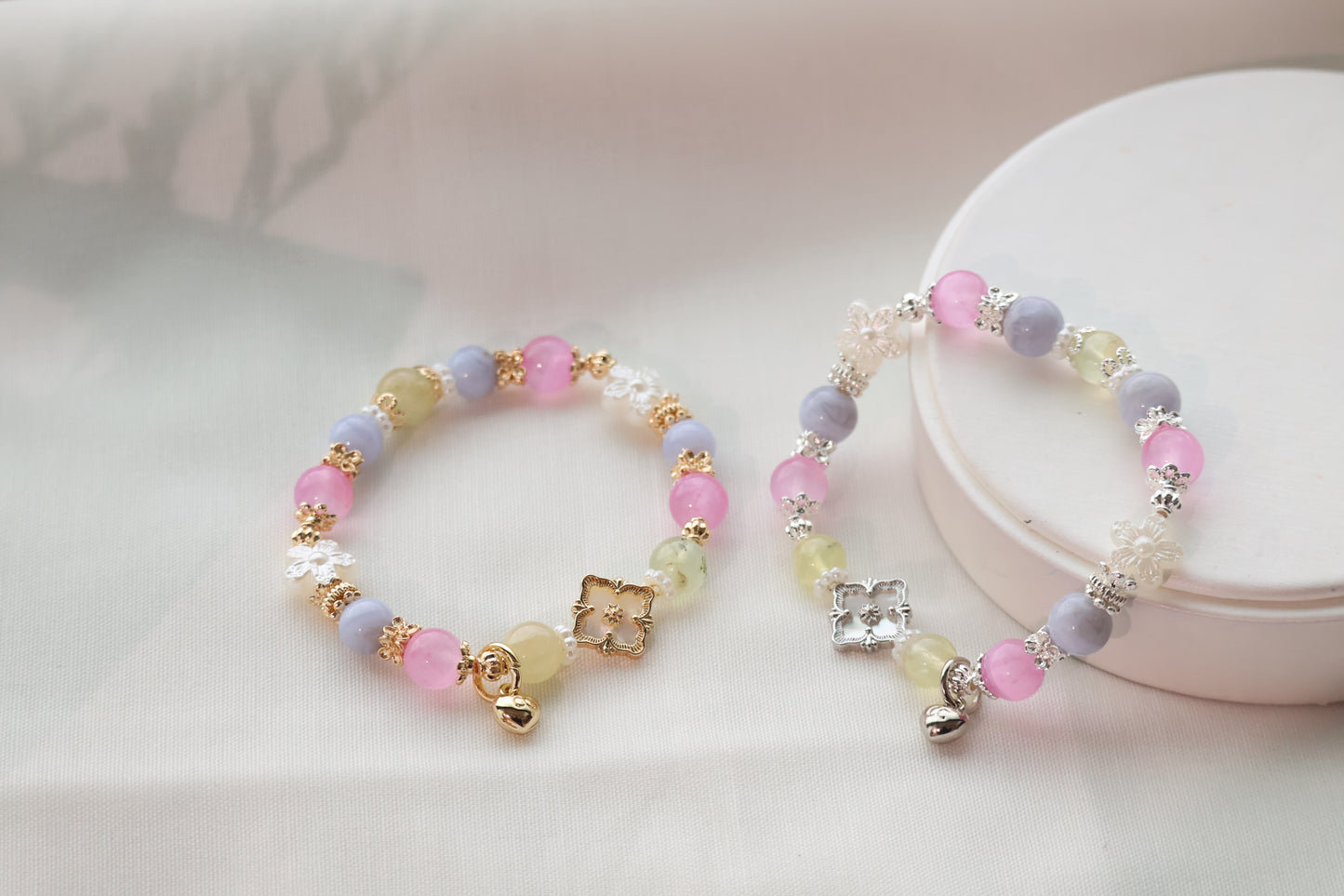 *Instocks* Prehnite, Pink Satin Spar & Blue Lace Agate with MOP Clover Natural Crystal Bracelet (Elastic)