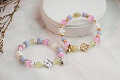 *Instocks* Prehnite, Pink Satin Spar & Blue Lace Agate with MOP Clover Natural Crystal Bracelet (Elastic)