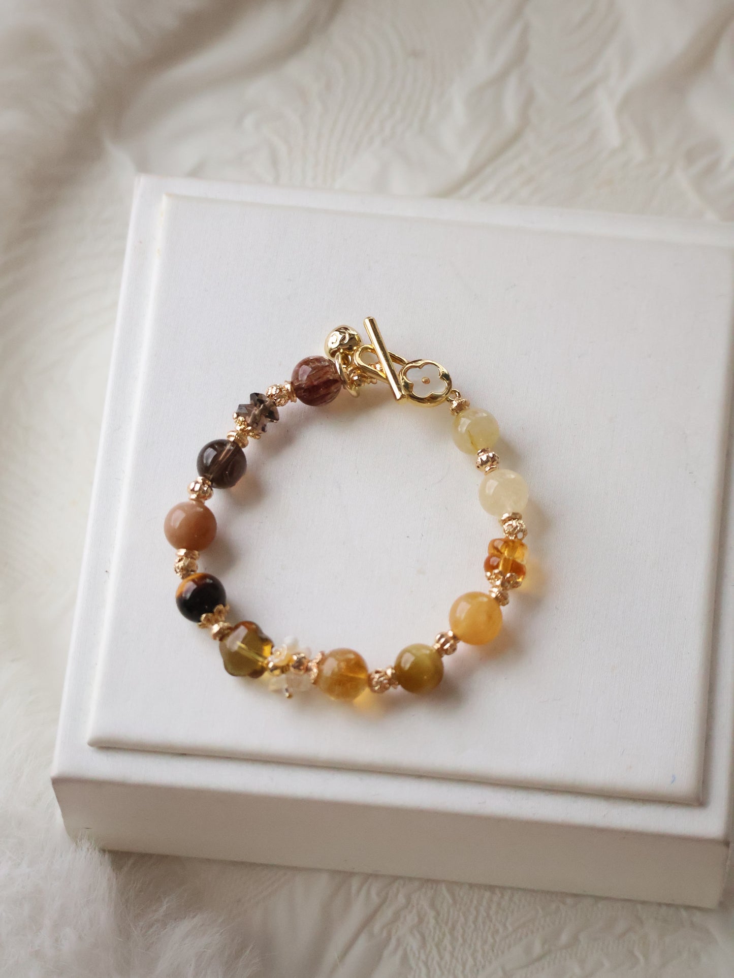 Smoky Citrine Flower Carving Multigem (Duobao) Crystal Bracelet — Castella | 8mm (OT Clasp, Elastic)