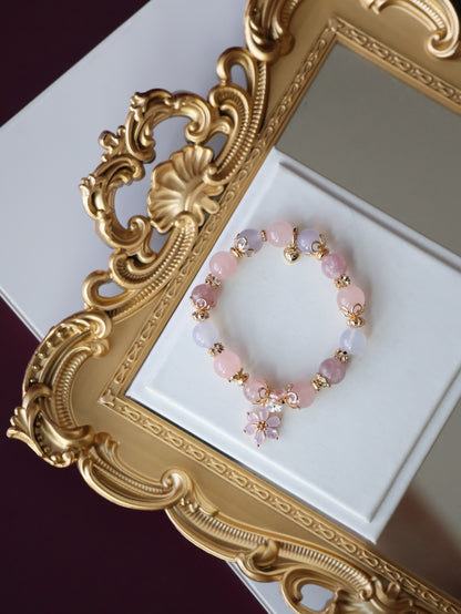 Pink Purple Emerald Mica, Lilac Chalcedony & Rose Quartz with Pink Flower & Mini Flower Bouquet — Blooming Bouquet | 8mm / 10mm (Elastic)