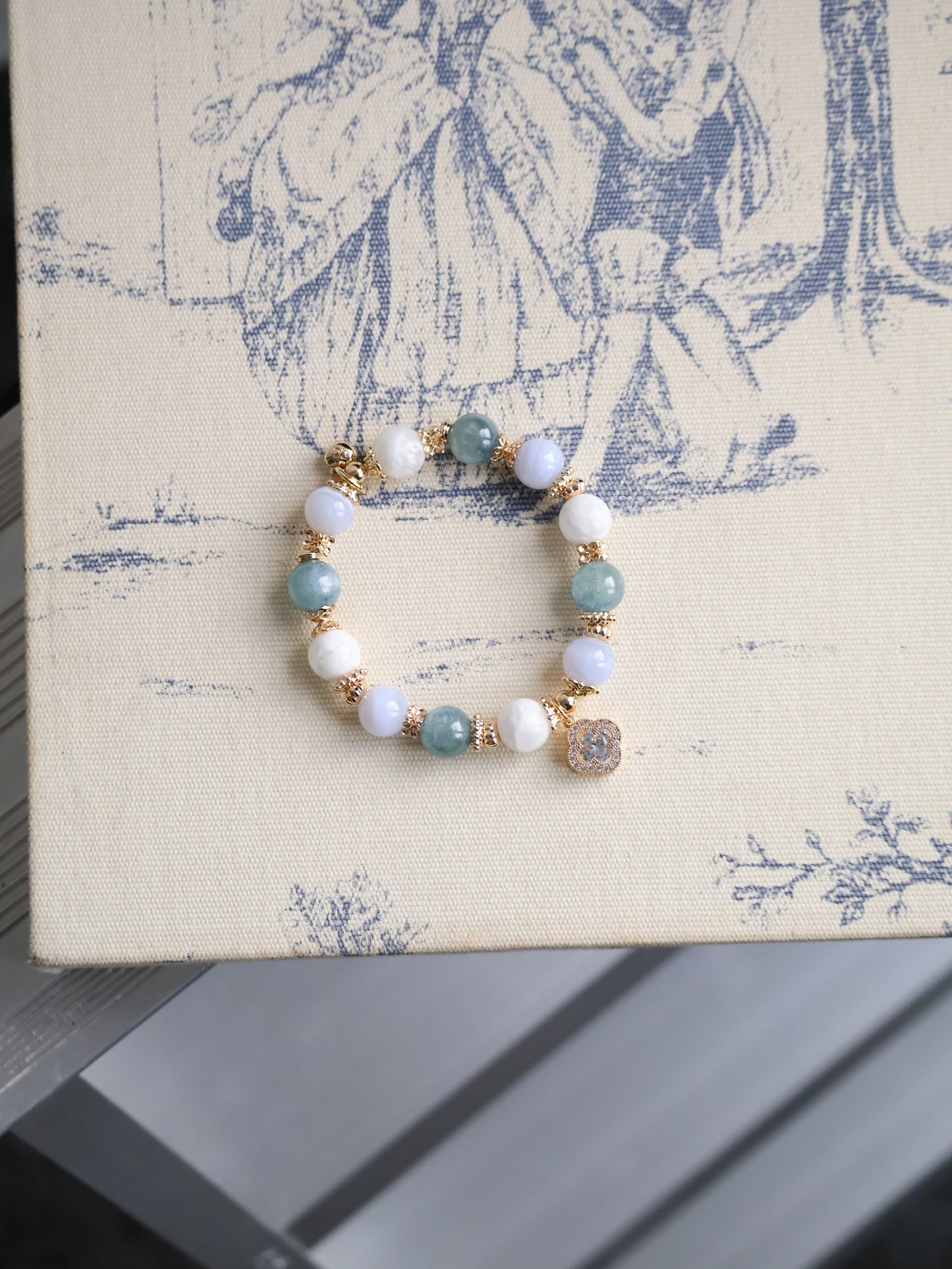 Blue Kyanite, Blue Lace Agate & White Phantom Quartz with Sparkly Clover — Monet Cordelia Twin Crystal Bracelet | 10mm (Elastic)