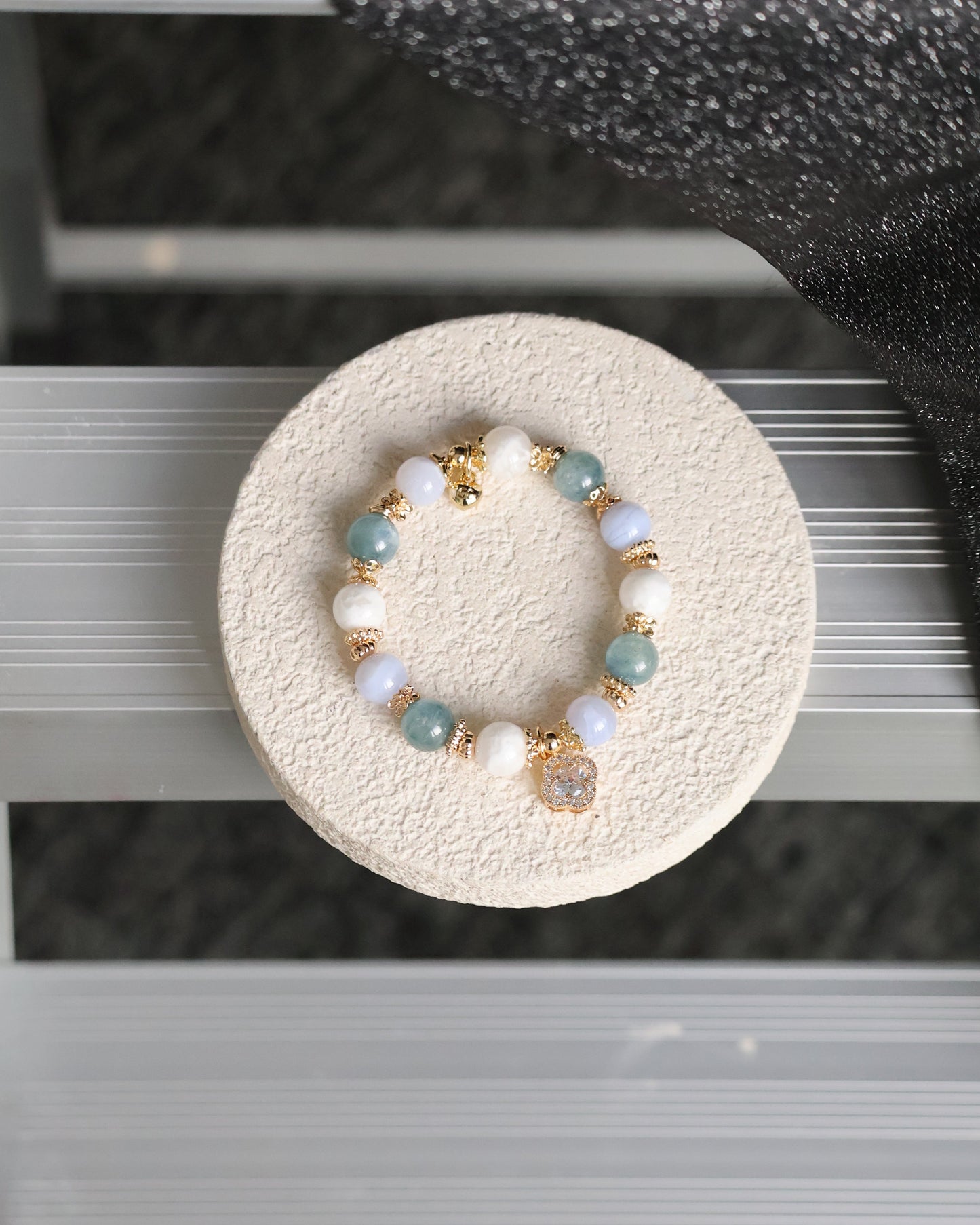 Blue Kyanite, Blue Lace Agate & White Phantom Quartz with Sparkly Clover — Monet Cordelia Twin Crystal Bracelet | 10mm (Elastic)