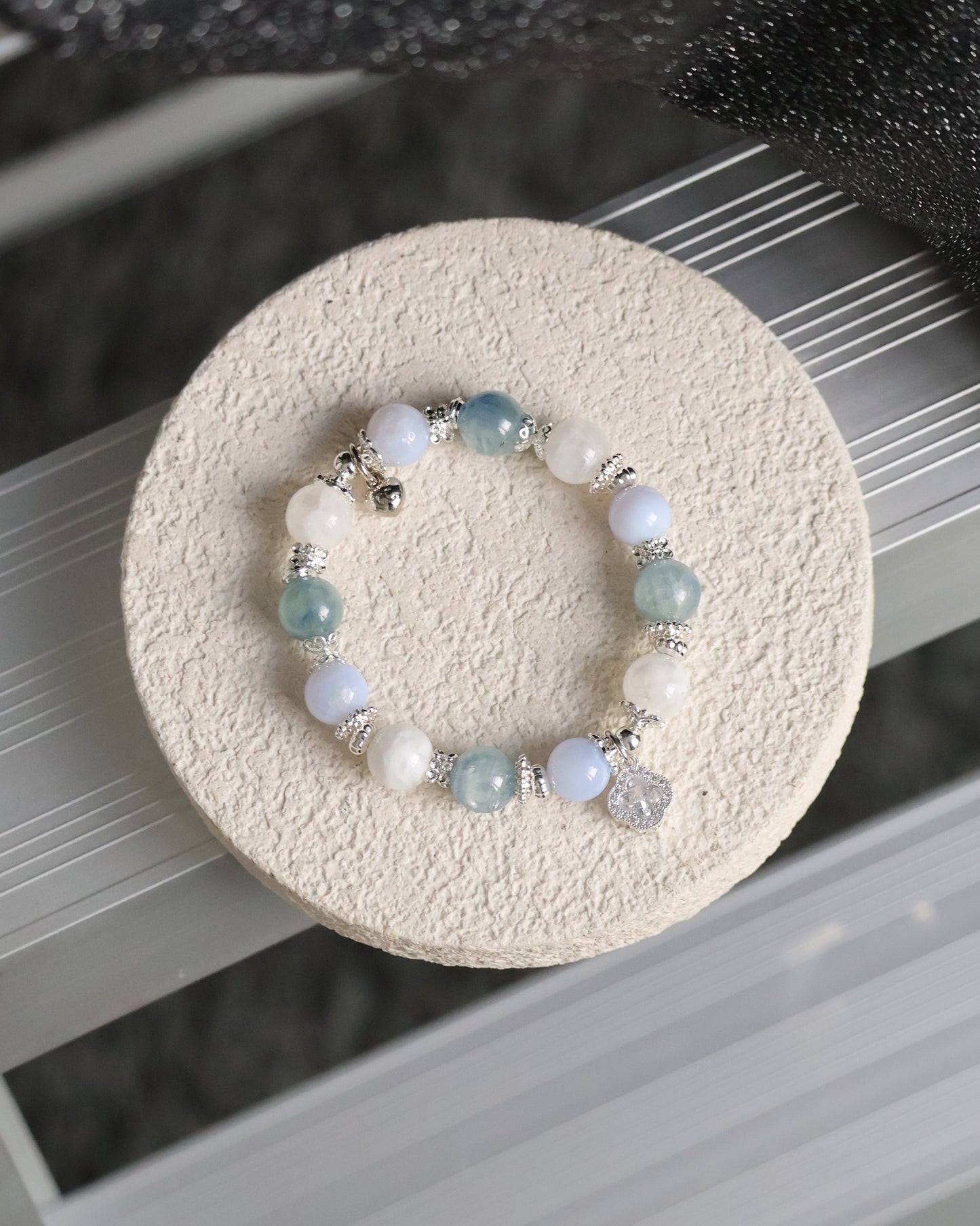 Blue Kyanite, Blue Lace Agate & White Phantom Quartz with Sparkly Clover — Monet Cordelia Twin Crystal Bracelet | 10mm (Elastic)