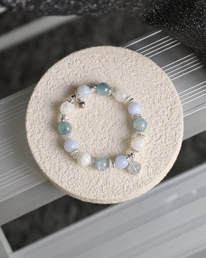 Blue Kyanite, Blue Lace Agate & White Phantom Quartz with Sparkly Clover — Monet Cordelia Twin Crystal Bracelet | 10mm (Elastic)
