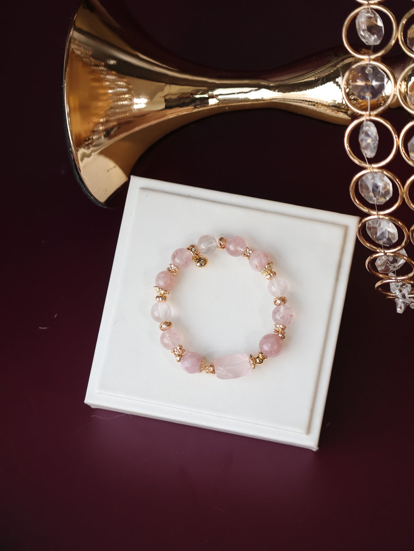 Pink Purple Emerald Mica, Strawberry Quartz & Rose Quartz Crystal Bracelet with Freeform — Ophelia | 10mm (Elastic)