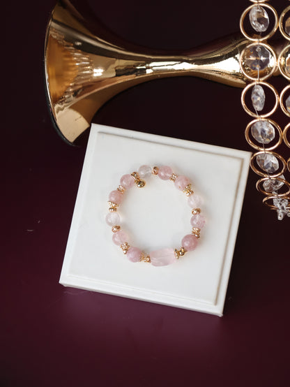 Pink Purple Emerald Mica, Strawberry Quartz & Rose Quartz Crystal Bracelet with Freeform — Ophelia | 10mm (Elastic)