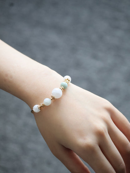 Green Jadeite & White Phantom Quartz Crystal Bracelet Bangle — Orianna Bangles Series | 8mm (Elastic)
