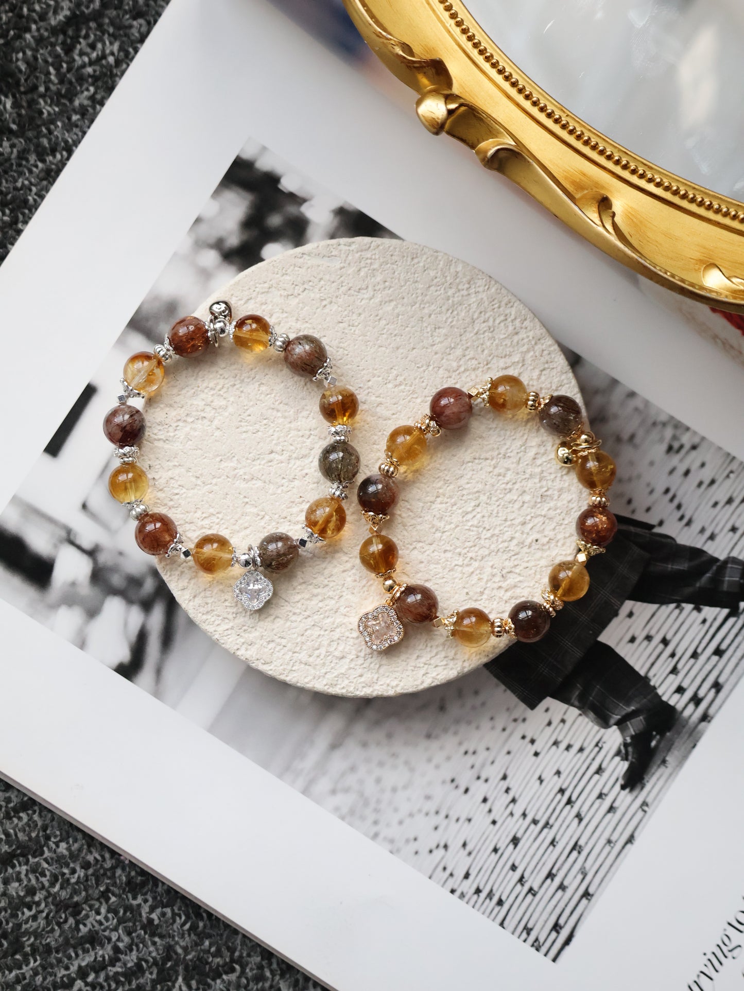 Citrine & Black Gold Super 7 Crystal Bracelet — Cordelia Twin Sparkly Clover | 8mm + 10mm (Elastic)