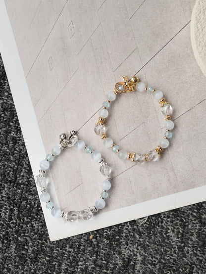Blue Topaz Faceted Rondelle, Clear Quartz & Cat’s Eye Crystal Bracelet — Crystelle | 8mm (Elastic)