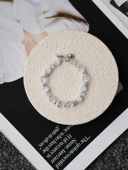 Blue Topaz Faceted Rondelle, Clear Quartz & Cat’s Eye Crystal Bracelet — Crystelle | 8mm (Elastic)