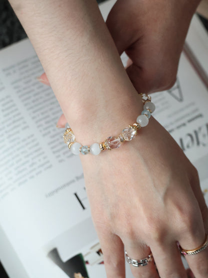 Blue Topaz Faceted Rondelle, Clear Quartz & Cat’s Eye Crystal Bracelet — Crystelle | 8mm (Elastic)