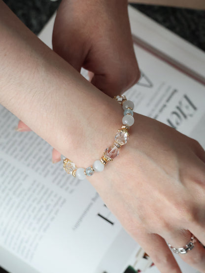 Blue Topaz Faceted Rondelle, Clear Quartz & Cat’s Eye Crystal Bracelet — Crystelle | 8mm (Elastic)