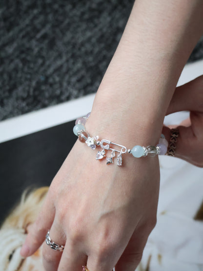 Rose Quartz, Lilac Chalcedony, Aquamarine & Green Phantom Quartz Crystal Bracelet — Genevieve | 8mm (Safety Pin Charm, Elastic)