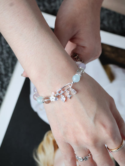 Rose Quartz, Lilac Chalcedony, Aquamarine & Green Phantom Quartz Crystal Bracelet — Genevieve | 8mm (Safety Pin Charm, Elastic)