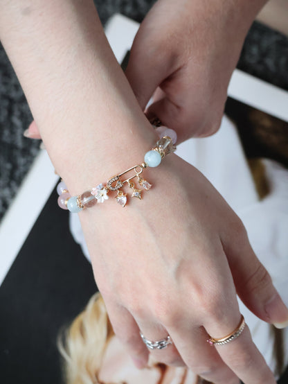 Rose Quartz, Lilac Chalcedony, Aquamarine & Green Phantom Quartz Crystal Bracelet — Genevieve | 8mm (Safety Pin Charm, Elastic)