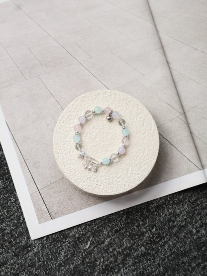 Rose Quartz, Lilac Chalcedony, Aquamarine & Green Phantom Quartz Crystal Bracelet — Genevieve | 8mm (Safety Pin Charm, Elastic)