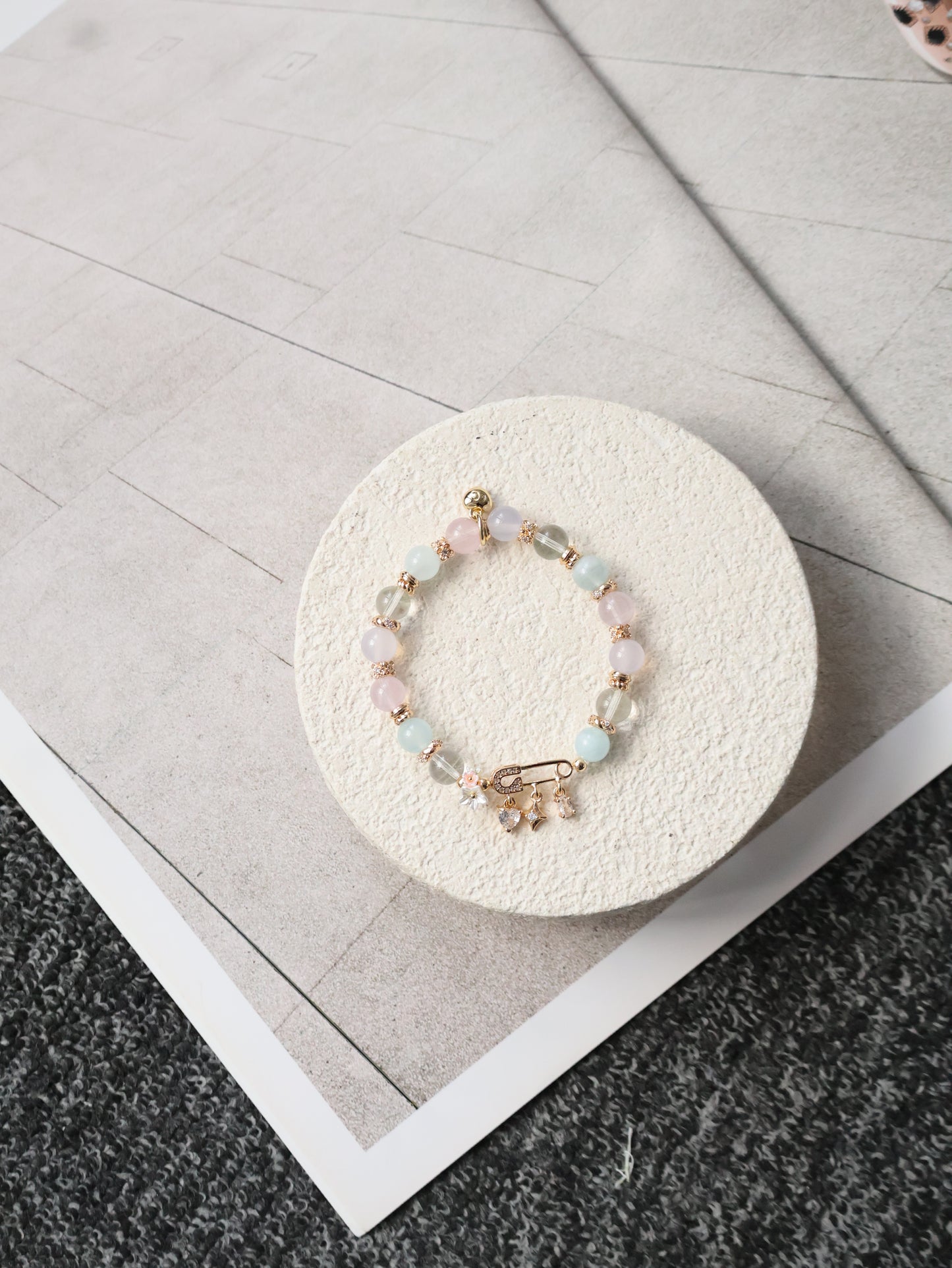 Rose Quartz, Lilac Chalcedony, Aquamarine & Green Phantom Quartz Crystal Bracelet — Genevieve | 8mm (Safety Pin Charm, Elastic)