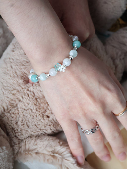 Amazonite, Freshwater Pearl, Aquamarine & Snow Garden Rose Quartz Crystal Bracelet — Freina | 8mm (Elastic)