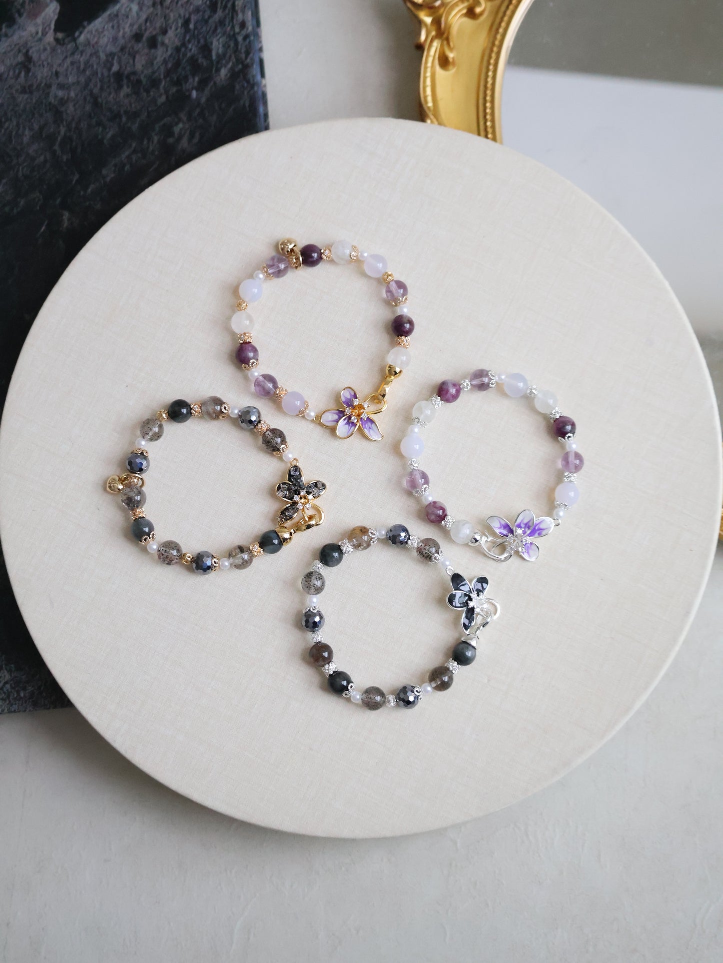 Unicorn Stone, White Phantom Quartz, Lilac Chalcedony & Amethyst — Plumeria Purple | 8mm (Elastic, OT Clasp)