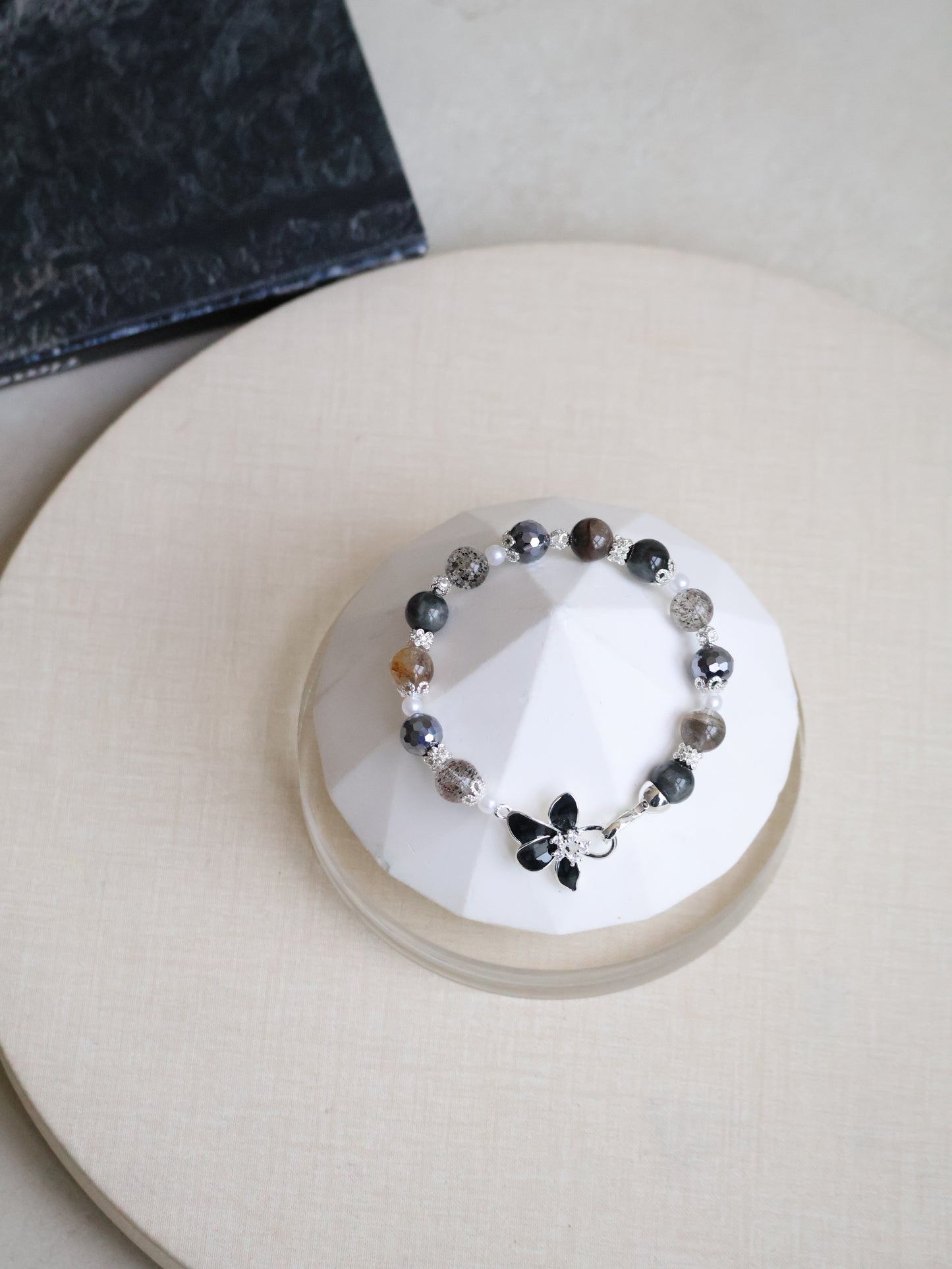 Black Strawberry Quartz, Hematite, Herkimer Diamond & Grey Tiger’s Eye — Plumeria Black | 8mm (Elastic, OT Clasp)